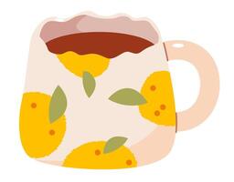 Mug with with abstract lemons design. Ceramic Crockery. Flat vector illustration isolated on white background.