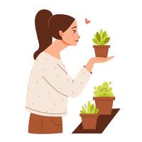 A young woman takes care of house plants. Girl with flowerpots. Home gardening and growing houseplants. Eco-friendly concept. Vector illustration.