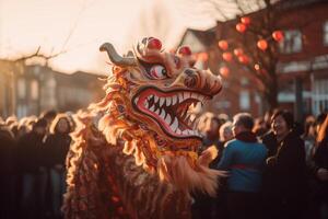 AI generated a traditional Chinese dragon dances the dragon dance at the Chinese New Year festival photo