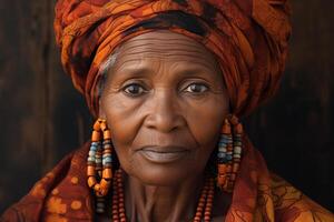 AI generated portrait of an old African American woman in traditional ethnic clothing and headdress photo