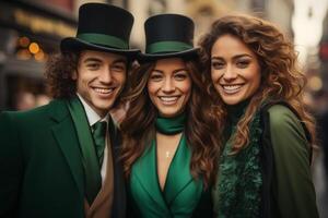 AI generated smiling young people in green St. Patrick's top hats celebrating St. Patrick's Day photo