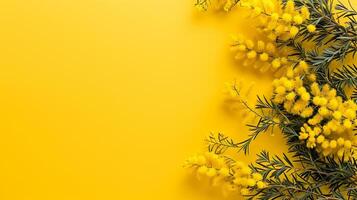 AI generated Branch of mimosa on yellow background. Flat lay, top view. photo