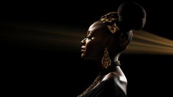 ai generado perfil de un negro mujer con un africano nacional peinado foto