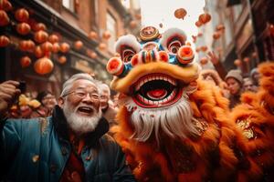 ai generado chino personas celebrar chino nuevo año a un tradicional festival foto