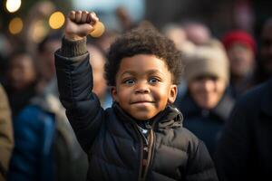 AI generated Little black boy with raised fist. Black history month photo