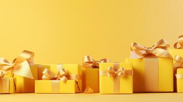 AI generated yellow gift boxes with ribbons on a yellow background. festive background with place for text photo