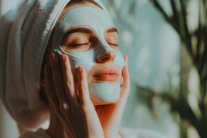 AI generated Beautiful young woman in towel on head applying clay mask on her face photo