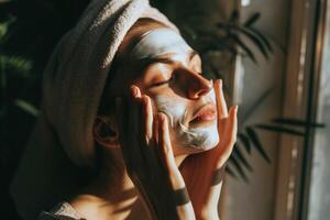 AI generated Beautiful young woman in towel on head applying clay mask on her face photo