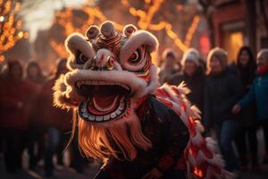 AI generated a traditional Chinese dragon dances the dragon dance at the Chinese New Year festival photo