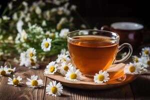 ai generado taza de té y manzanilla flores en de madera antecedentes foto