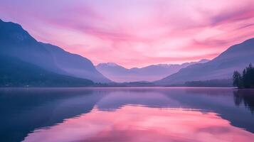 ai generado hermosa paisaje foto de un rosado puesta de sol en un lago en el montañas