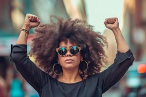 AI generated Young African American woman with sunglasses and raised fists up photo