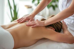 ai generado joven mujer recepción espalda masaje en spa salón. belleza tratamiento concepto. foto