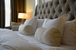 ai generado hermosa cama en un hotel habitación con blanco almohadas foto
