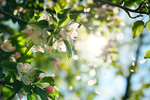 AI generated Spring background of a branch of a blossoming apple tree with falling petals, blurred background, backlight photo