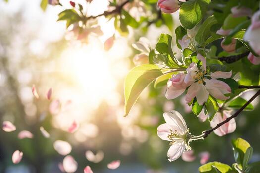 AI generated Spring background of a branch of a blossoming apple tree with falling petals, blurred background, backlight photo
