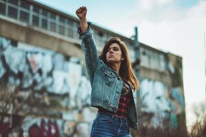 ai generado mujer con fluido pelo con elevado puño, niña poder foto