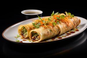 AI generated A Culinary Portrait Photorealistic Detail of Exquisite Egg Roll Mastery photo