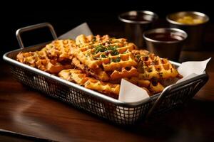 AI generated Hearty Share Abundant Waffle Fries on a Steel Tray photo