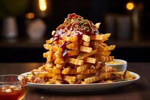 AI generated Culinary Heights Waffle Fries in a Savory Skyscraper Formation photo