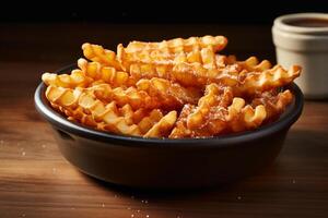 AI generated Timeless Crispness Waffle Fries in a Classic Ceramic Bowl photo