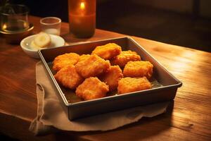 AI generated Tabletop Temptations Hyper-Realistic Nuggets in Steel Tray Setting photo