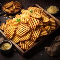 AI generated Fry Array Organized Waffle Fries for Appetizing Presentation photo