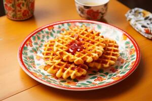 AI generated Sleek Elegance Waffle Fries Served on a Contemporary Melamine Plate photo