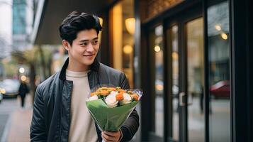 ai generado sonriente hermoso joven hombre con ramo de flores de flores en pie en el ciudad antecedentes foto