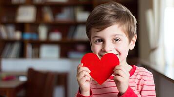 AI generated A boy holding a red paper heart shape on indoor room background photo