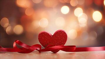 AI generated Red hearts with ribbon on shiny bokeh glowing background, Valentine's day web banner photo