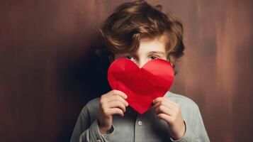 AI generated A shy little boy holding a paper heart shape and hiding behind it on wood background photo