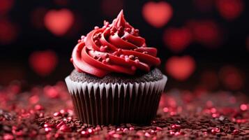 AI generated Close up delicious cupcake for Valentine Day on red bokeh blur background photo