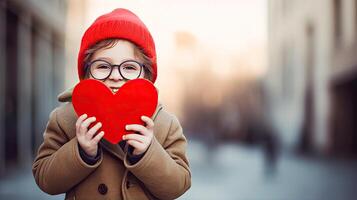 AI generated A shy little boy holding a paper heart shape and hiding behind it on blur bokeh city background photo