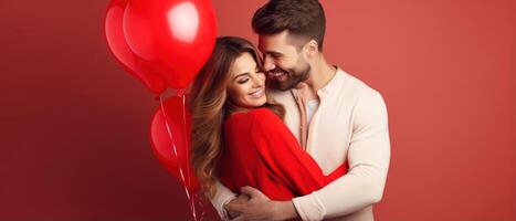 AI generated Cheerful couple in love hugging on a romantic Valentine with red heart shaped balloon isolated red background photo