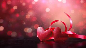 AI generated Two red hearts with ribbon on shiny bokeh glowing background, Valentine's day web banner photo