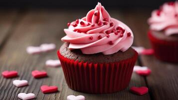 AI generated Close up delicious cupcake for Valentine Day on wood background photo