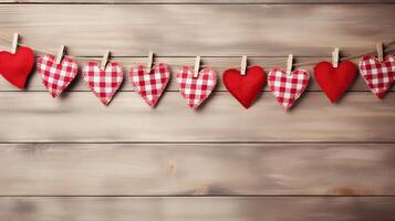 AI generated Valentine Gingham hearts with rope and clip hanging on rustic wood copy space background photo