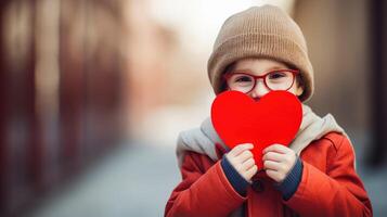 AI generated A shy little boy holding a paper heart shape and hiding behind it on blur bokeh city background photo