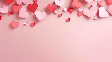 AI generated Flat lay paper cut red hearts on pastel pink background. Valentines Day, Mothers Day anniversary photo