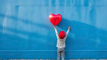 AI generated Rear view of a kid raising arms with red heart shaped balloon on blue background photo
