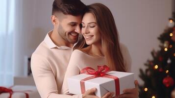 AI generated Lovely young couple hugging at home holding gift box, happy giving concept. photo