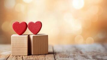 AI generated Heart symbol on wooden blocks with copyspace on valentine blur bokeh background photo