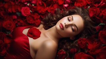 AI generated Lady in a red dress lying on the floor with red rose petals background in Valentine day concept photo