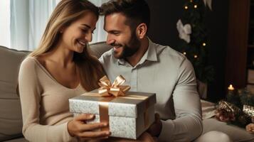 AI generated Family enjoy celebration with new year present gift box. Spread love and winter present concept. photo