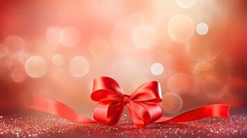 AI generated Red ribbon on shiny bokeh glowing background for Valentine day web banner photo