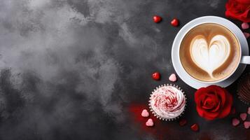 AI generated Cup of coffee and sweet cupcake over chalkboard background with copyspace, Valentine concept photo