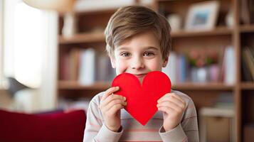 AI generated A boy holding a red paper heart shape on indoor room background photo