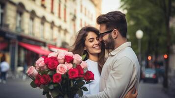 AI generated Happy young couple holding flowers dating in city blur bokeh background photo