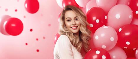 ai generado alegre belleza niña con rojo y rosado globo sonriente en rosado fondo, san valentin concepto foto